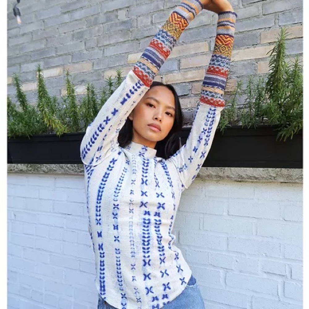 Free People White Blue Button Down Shirt with Mandarin Collar